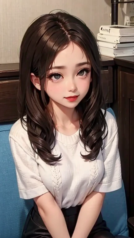 blush a little and smile, (Top quality masterpiece:1.2) Delicate illustrations, Very detailed, /Beautiful Japanese Women、1 person,Very cute and slim、Great style 、((8K images、super high quality))、Very delicate face, Skin and Hair、beautifule forehead、Red lipstick、(((((Mid-length hair、Brown Hair))))),Very cute Japanese cut face、Eyes and nose are clearly visible、Kind eyes