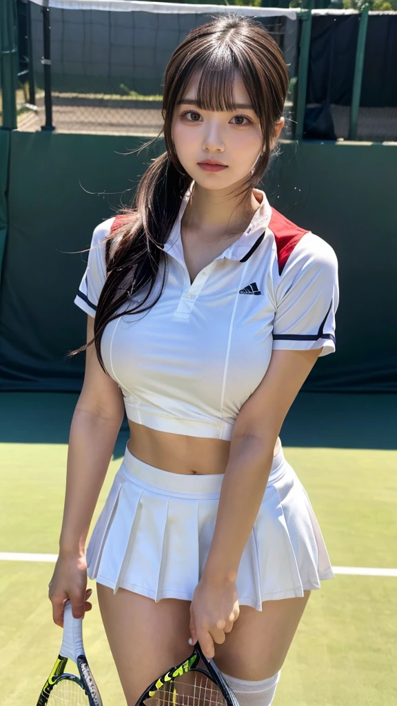 masterpiece, best quality, illustration, Super detailed, fine details, High resolution, 8K,wall paper, perfect dynamic composition, front view, standing, 18 year old girl, tennis player, Gravure Idol, cute type, (Details High quality, realistic depiction of eyes:1.3), (Colossal tits:1.2), expresses the roundness and softness of your chest., low ponytail, bangs, black hair color, Dark makeup, Big Natural Color Lip, thick thighs, perfect body shape, plump figure, large hips, beautiful clavicle, white tennis uniform, short sleeve, shirt, skirt, socks, tennis shoes, depth of fields, natural lighting