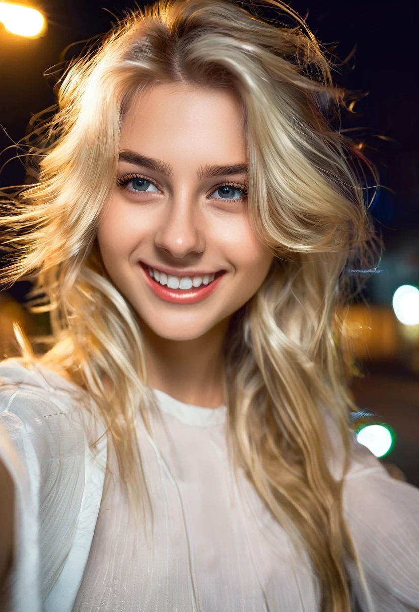 Cute blonde girl 19 years old, (((taking a selfie))), on the street, night, smiling, sexy hairstyle, sexy little blouse, (((hair in the face in the wind)))