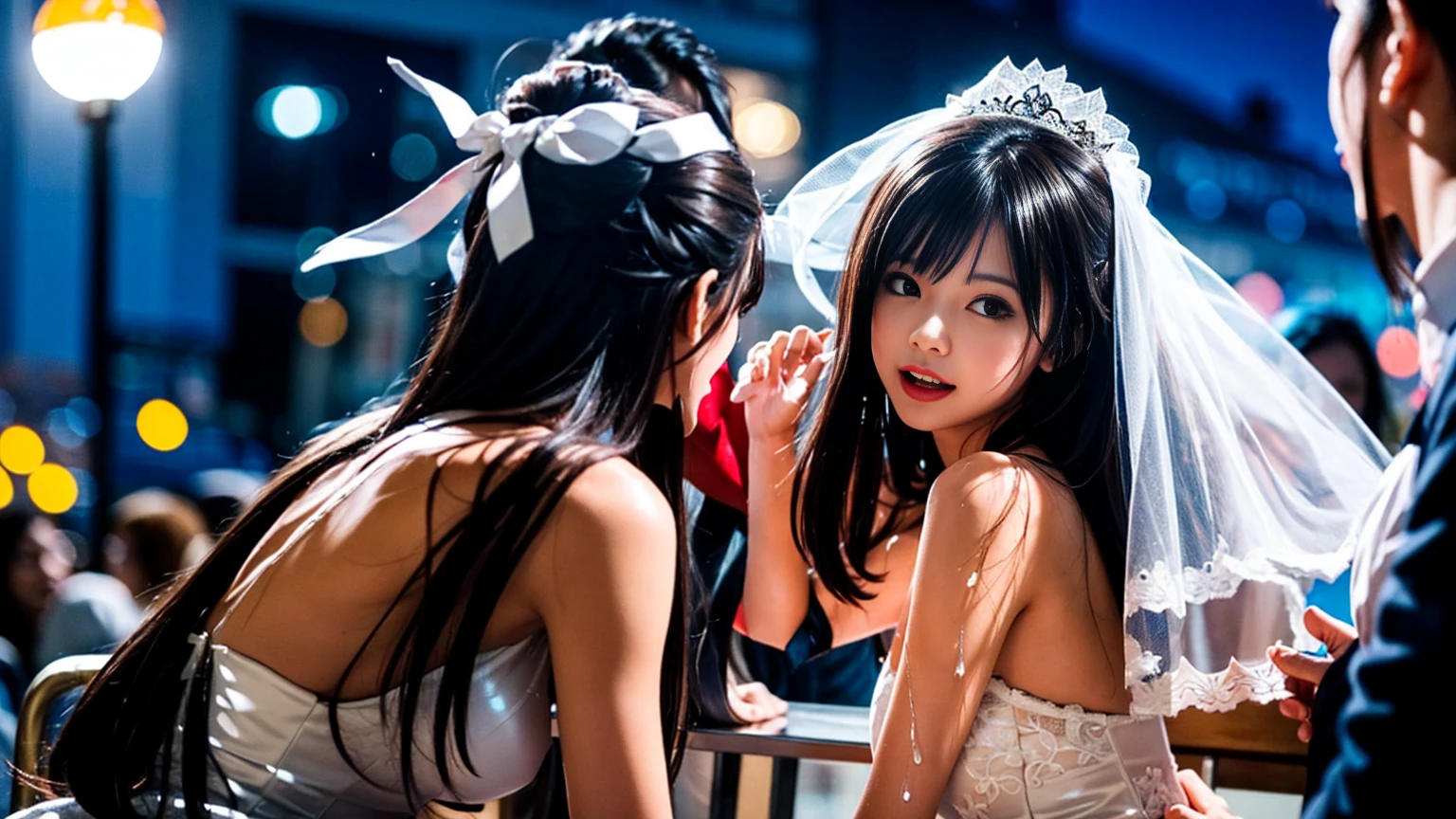 look up, 8K, masterpiece, Most detailed, Highest quality, bus, create a sense of fit, Cute Girls,Side Tail, (Wet),moonlight,((wedding)),pubic hair,Veil,(((bride))),((show off)),(ふっくらとしたNipples),Ecstatic expression,Outdoor,White lace,Nipples,Bright lighting,Ample breasts,Saggy breasts,Hime cut,