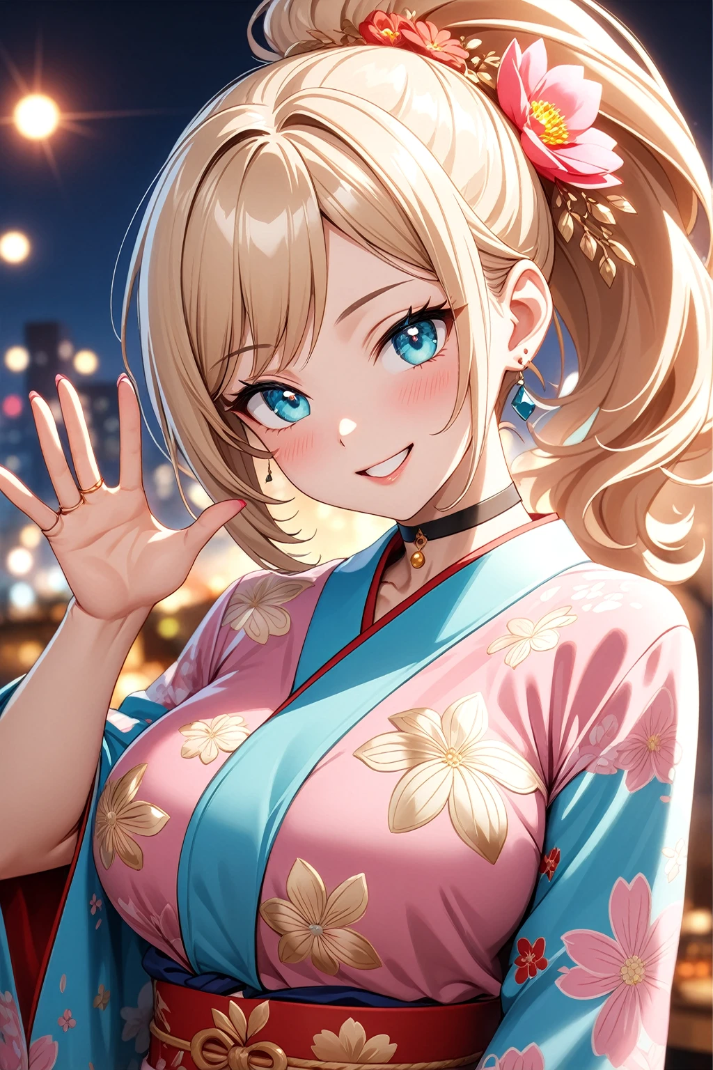 ((One personの女性)), Beautiful Face, ((Laughing embarrassedly)), (laugh),((Wink:2.0)),((waving at viewer:1.3)), (head tilt:1.3), Laugh with your mouth wide open,((Bright red cheeks:1.4)),Shiny red lips,night,横浜みなとみらいのnight景, firework,Laughing with your mouth open,Glossy pink lips,Facial lighting,((Anime style background)),masterpiece, Highest quality, so beautiful,up to date, Complex details, (4fingers and 1thumbs), (Pink long nails),(ring),(Colorful Bracelets),(choker),AI-generated, Complex,High resolution, Highest quality, super high quality,3D Images、3D Images,One person,Long blonde hair,High Ponytail,(turquoise blue eyes),Anime woman posing for a photo, ((Fine grain、Colorful eyes、Shining Eyes:1.3)),(Squint your eyes:1.1),a hyperRealistic , hyperRealistic , Realistic,Anime woman with long white hair, Smooth anime CG art, A woman in a colorful kimono with gold embroidery, (Pink long sleeve kimono),Red floral pattern,Long flower hair ornament,Earrings,Mature Body,(Big Breasts:1.1),Tall,Abdominal muscles,Tight waist,(Zoom up to face:1.5,(front view),