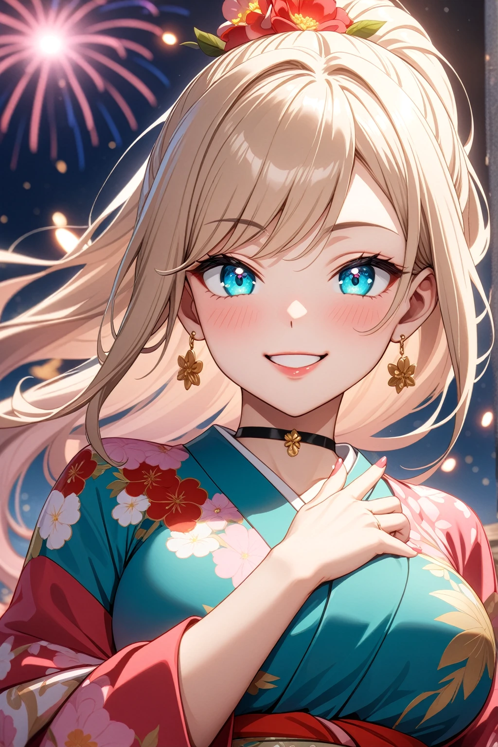 ((One personの女性)), Beautiful Face, ((Laughing embarrassedly)), (laugh),((Wink:2.0)),((waving at viewer:1.3)), (head tilt:1.3), Laugh with your mouth wide open,((Bright red cheeks:1.4)),Shiny red lips,night,横浜みなとみらいのnight景, firework,Laughing with your mouth open,Glossy pink lips,Facial lighting,((Anime style background)),masterpiece, Highest quality, so beautiful,up to date, Complex details, (4fingers and 1thumbs), (Pink long nails),(ring),(Colorful Bracelets),(choker),AI-generated, Complex,High resolution, Highest quality, super high quality,3D Images、3D Images,One person,Long blonde hair,High Ponytail,(turquoise blue eyes),Anime woman posing for a photo, ((Fine grain、Colorful eyes、Shining Eyes:1.3)),(Squint your eyes:1.1),a hyperRealistic , hyperRealistic , Realistic,Anime woman with long white hair, Smooth anime CG art, A woman in a colorful kimono with gold embroidery, (Pink long sleeve kimono),Red floral pattern,Long flower hair ornament,Earrings,Mature Body,(Big Breasts:1.1),Tall,Abdominal muscles,Tight waist,(Zoom up to face:1.5,(front view),