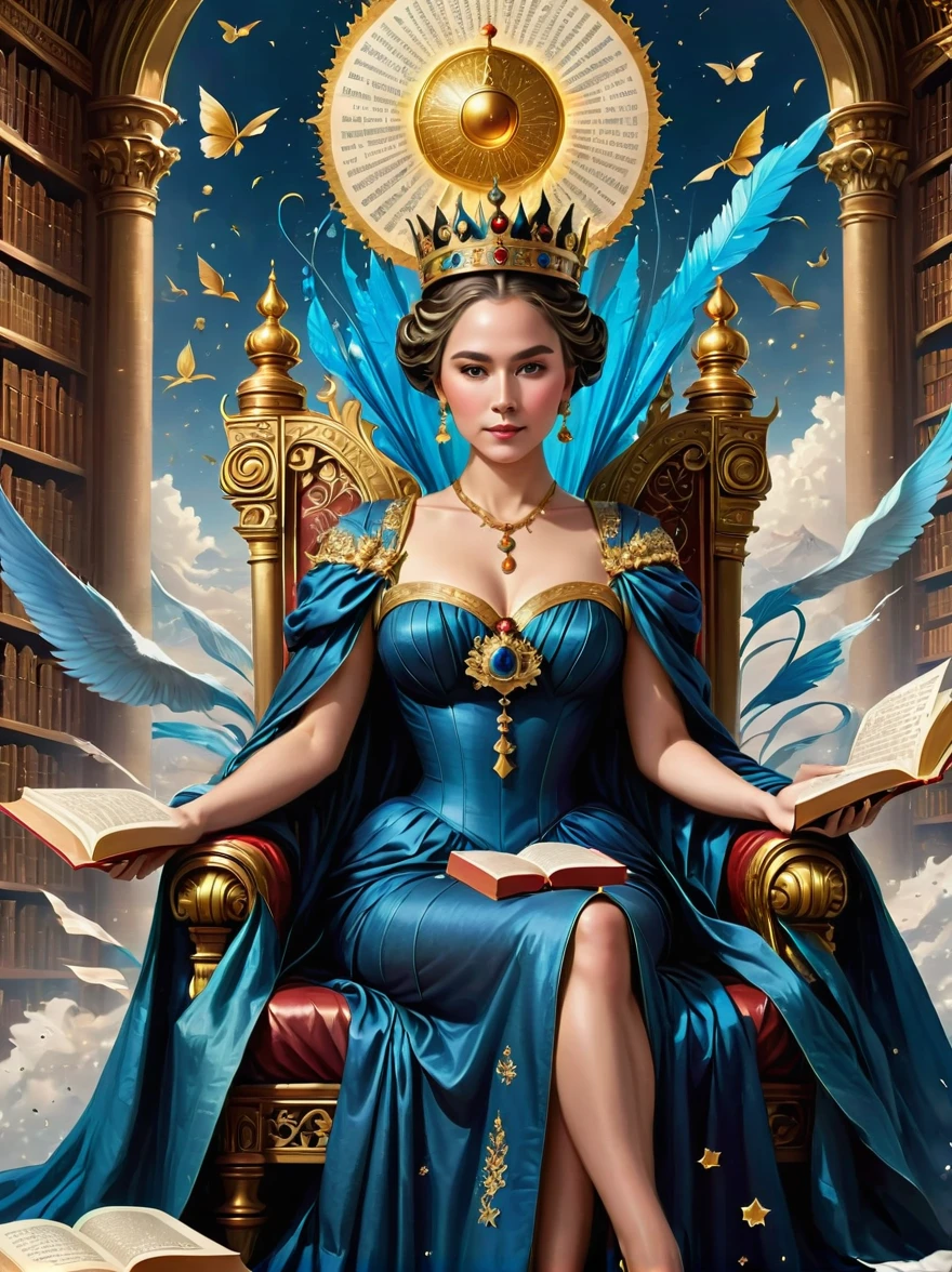 A grand image of a regal figure sitting on a gigantic throne, made from oversized dictionaries and ancient tomes. The figure is a woman, dressed in a majestic gown filled with words and phrases written in various fonts. She has a crown on her head, studded with miniature letter-shaped gems. In her hand, she holds a scepter, the top of which is a golden quill. Happily presiding over an expansive kingdom fullfilling of turreted libraries, with rivers made from flowing blue ink, hills of hardcover books, and an atmosphere of letters floating like snowflakes