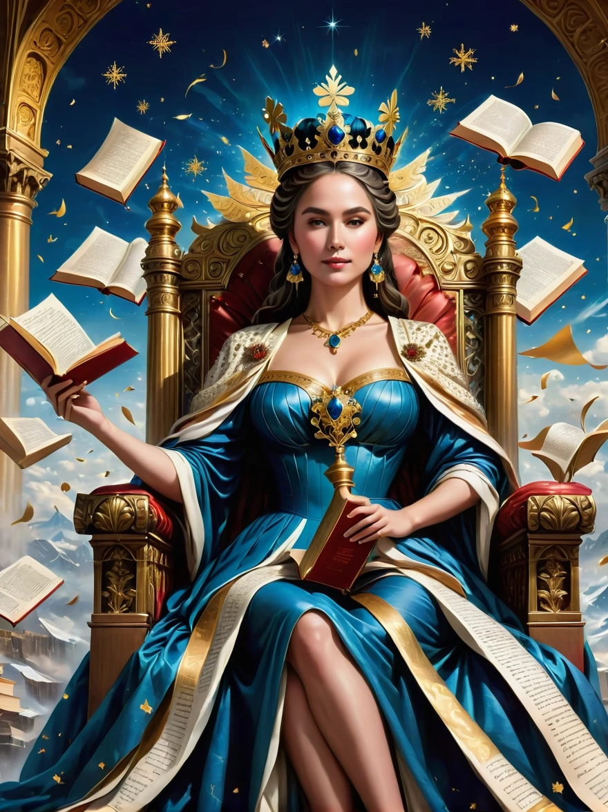 A grand image of a regal figure sitting on a gigantic throne, made from oversized dictionaries and ancient tomes. The figure is a woman, dressed in a majestic gown filled with words and phrases written in various fonts. She has a crown on her head, studded with miniature letter-shaped gems. In her hand, she holds a scepter, the top of which is a golden quill. Happily presiding over an expansive kingdom fullfilling of turreted libraries, with rivers made from flowing blue ink, hills of hardcover books, and an atmosphere of letters floating like snowflakes