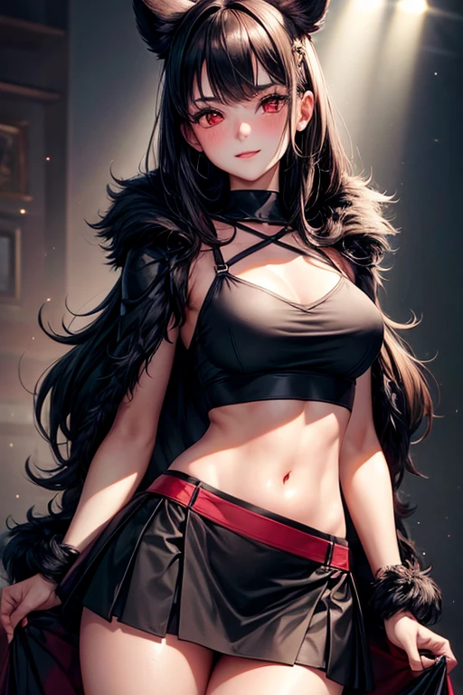 1 girl, Chapped lips, blush, make up, light smile, black fur, Red eyes, crop top, Skirt, Light rays, glow, Thighs, clavicle, narrow waist, (Masterpiece), wallpaper,