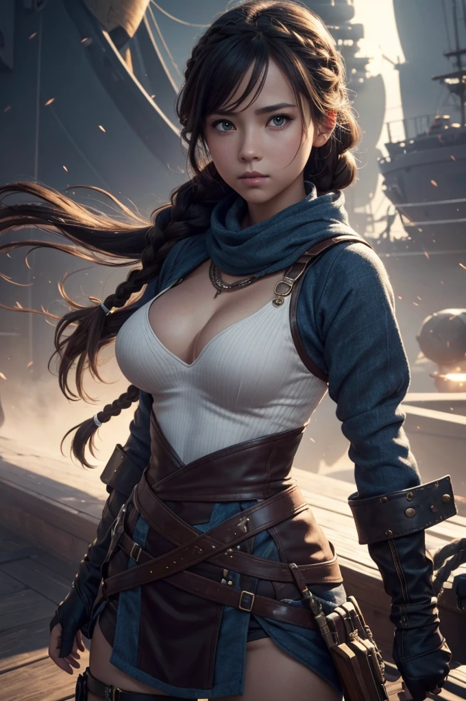 1 girl,on a pirphie ship deck, braid, neckleace, mitts, hphi, waist belt, sexy pirphie outfit, breasts big, far away body hair, gazing_phi_viewer, far away_body hair, standing alone, offcial art, unity wallpaper 8k, ultra detaild, Aesthetics, work of art, best qualityer, photorrealistic, action pose, cinemphiic lighting, 4K,