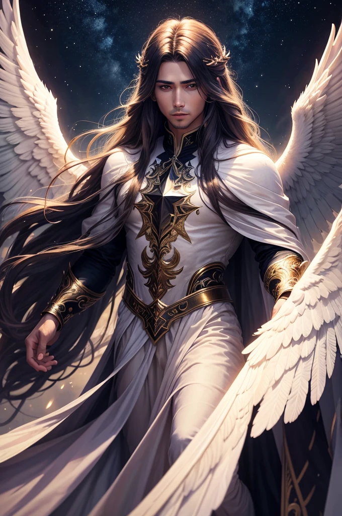 Male angel with long hair, big wings, aura, flowing clothes, mystical, divine, dark sky, light focusing on the angel