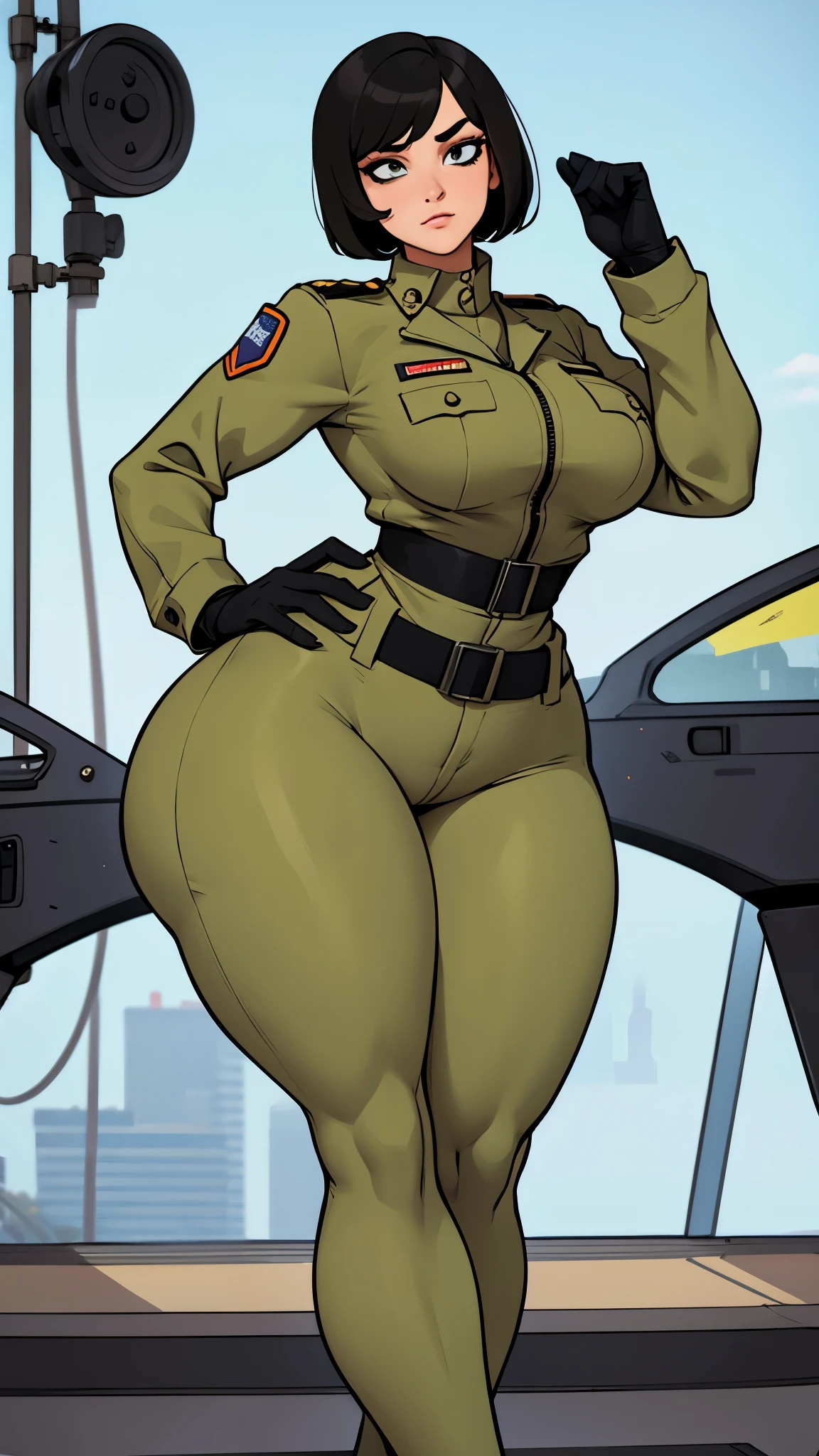 Military woman, curvy, athletic body, bob haircut