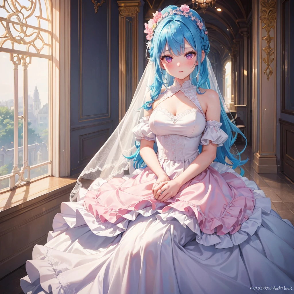 sky Blue hair, (braided ponytail),(pink eyes),fair skin ,(full body),(1 girl),bride,blush,Straight Bangs, June Bride,Wedding dress,(masterpiece, best quality, ultra-detailed, best shadow), (detailed background), (beautiful detailed face), high contrast, (best illumination, an extremely delicate and beautiful), ((cinematic light)), colorful, hyper detail, dramatic light, intricate details,Wedding hall,