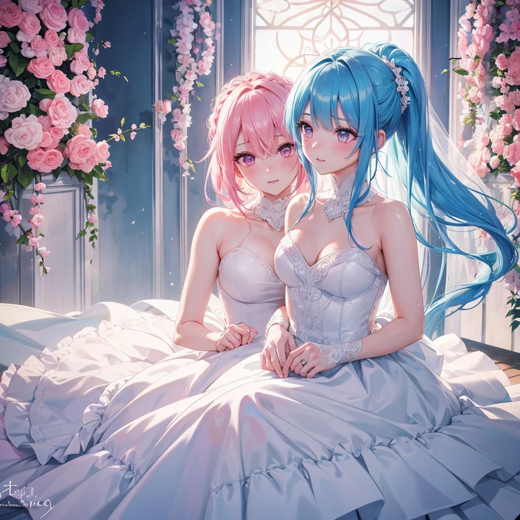 sky Blue hair, (braided ponytail),(pink eyes),fair skin ,(full body),(1 girl),bride,blush,Straight Bangs, June Bride,Wedding dress,(masterpiece, best quality, ultra-detailed, best shadow), (detailed background), (beautiful detailed face), high contrast, (best illumination, an extremely delicate and beautiful), ((cinematic light)), colorful, hyper detail, dramatic light, intricate details,Wedding hall,