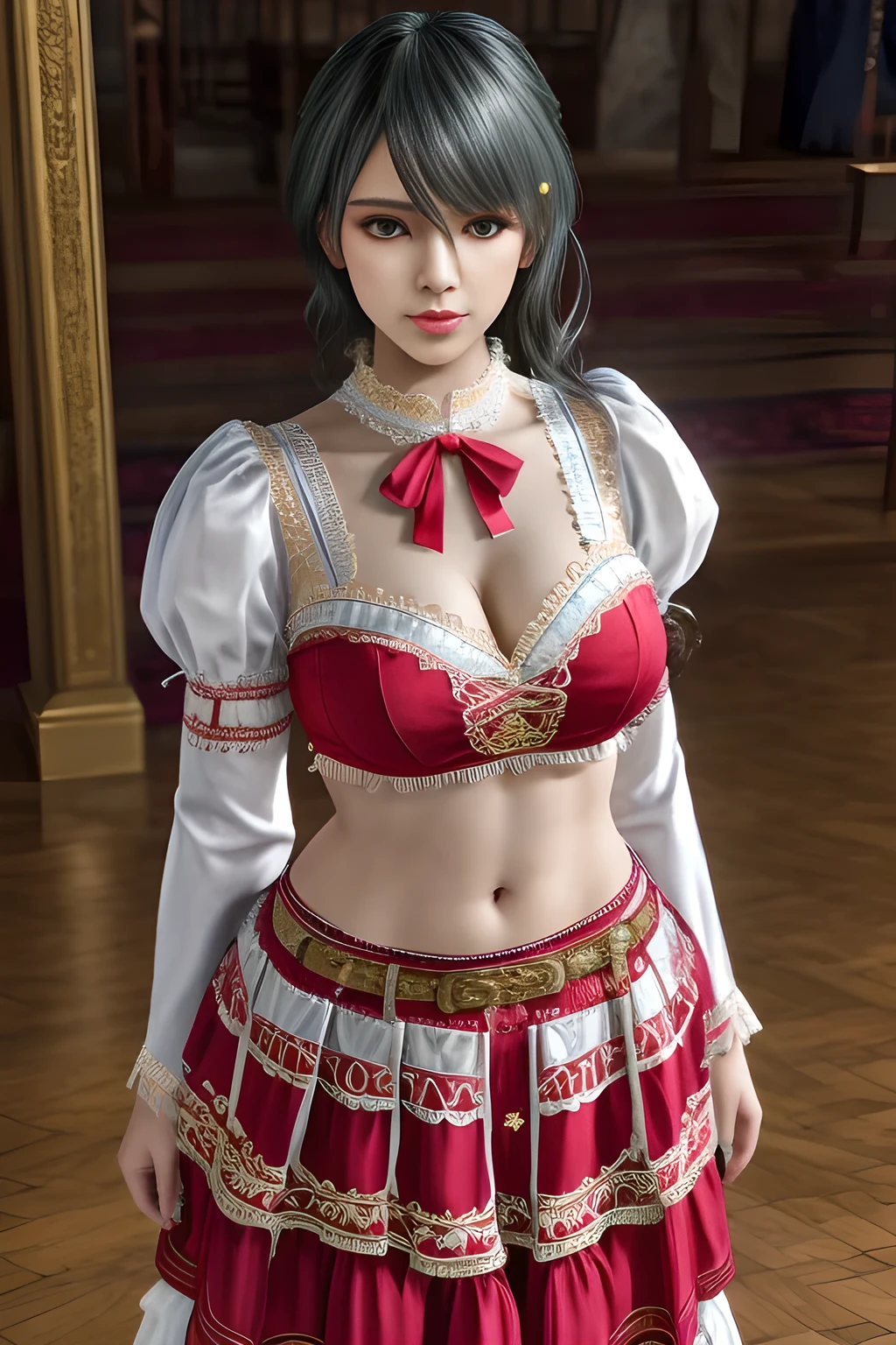 1girl,Wearing a traditional-style outfit. Her white blouse has ruffle details and embroidery, with red and white striped patterns on the sleeves and ribbon accents on the upper arms. The skirt is red with pleats and lace trims. There is a brown belt around the waist with floral embellishments and tassels, adding to the folkloric feel of the overall look. The outfit looks inspired by historical or folk costumes, with its intricate details and color combination,, beautiful detailed eyes, beautiful detailed lips, extremely detailed eyes and face, long eyelashes, best quality, 4k, 8k, highres, masterpiece, ultra-detailed, realistic, photorealistic, photo-realistic, ethereal glow, regal elegance, intricate details, luxurious, otherworldly beauty, dark atmospheric background, supernatural aura,tamaki