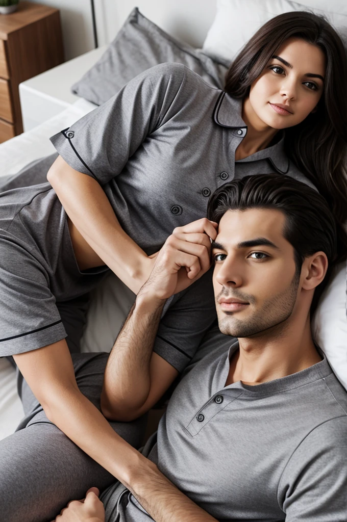 A woman wearing collared tshirt, grey pajama pants, having sex with a man