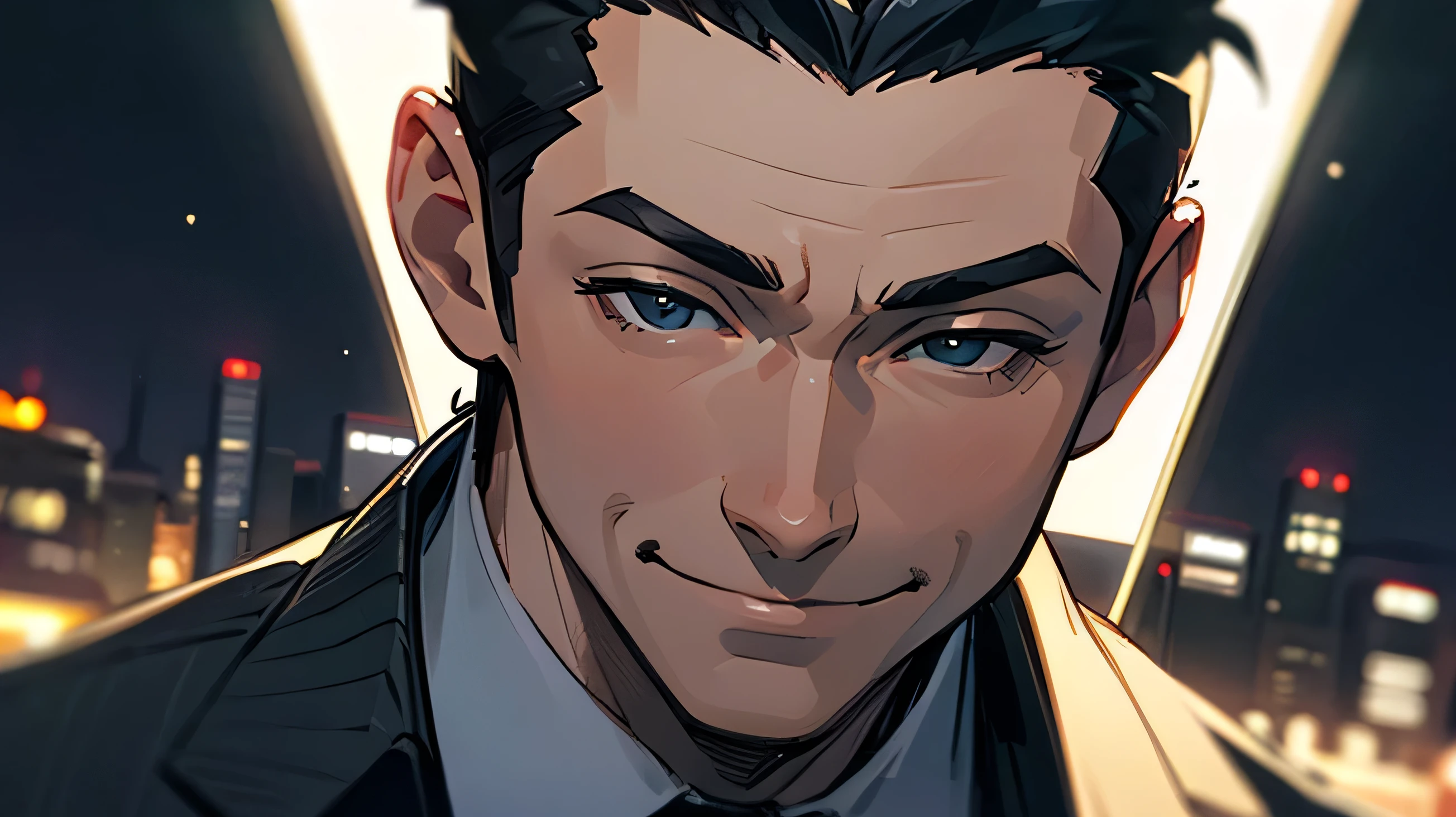 Boss in a suit、smile、night、middle aged、City、male、Close-up of face