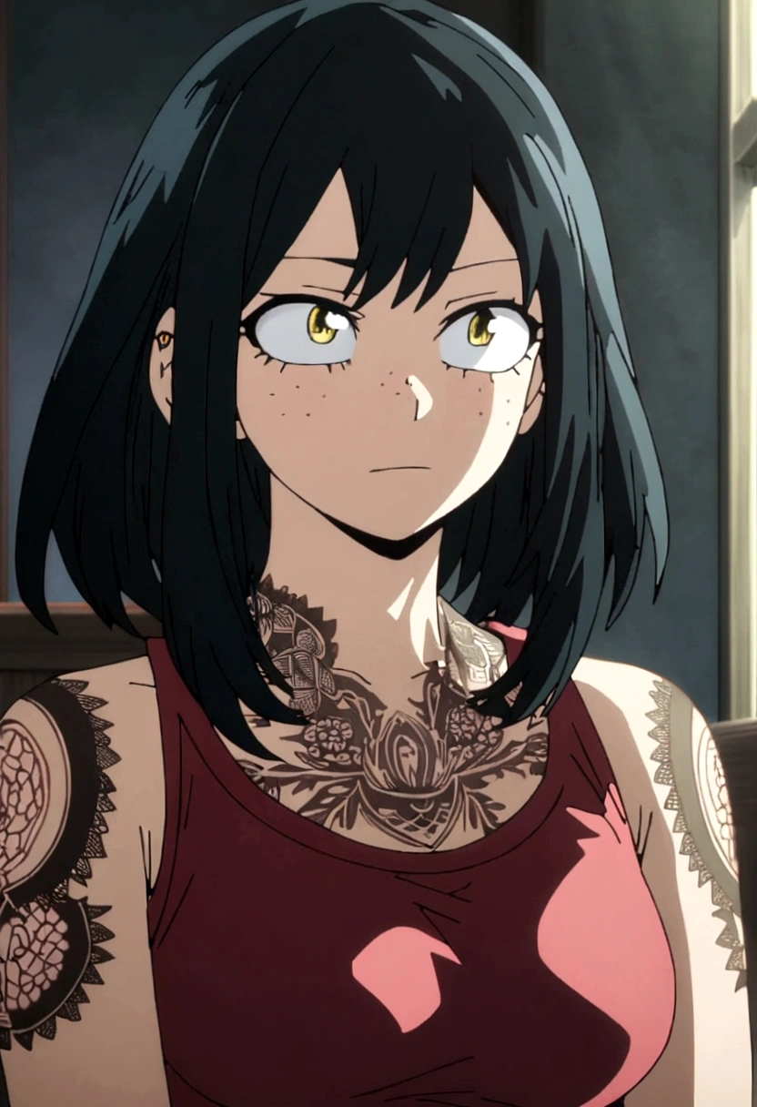 screencap my hero academia, girl with long dark pink and black hair, bright yellow eyes, tattoos on her skin, freckles on her face, red lace tank top, calm look