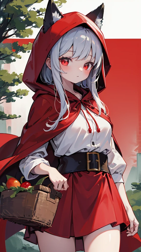 grace,Cool girl,Handsome girl,little Red Riding Hood,Red Cape,Red hood斗篷,Forest Background,Forest Background,Hooded girl with a basket,Wave Girl,Wolf Ear Girl,Wolf Ear Hood,Red hood,Close-up above the waist,Tight leather jacket