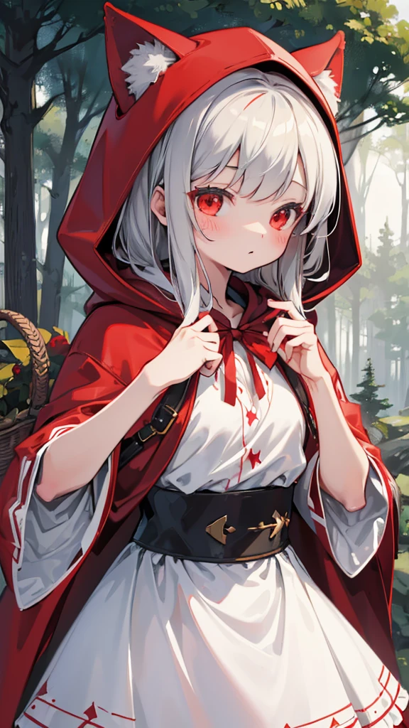 grace，Cool girl，Handsome girl，little Red Riding Hood，Red Cape，Red hood斗篷，Forest Background，Forest Background，Hooded girl with a basket，Wave Girl，Wolf Ear Girl，Wolf Ear Hood，Red hood，Close-up above the waist，Tight leather jacket