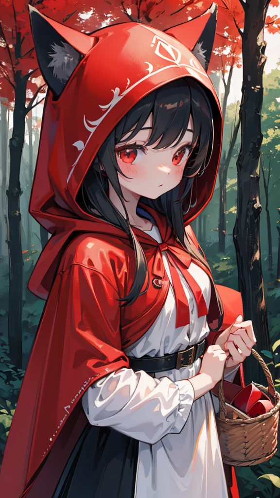 grace，Cool girl，Handsome girl，little Red Riding Hood，Red Cape，Red hood斗篷，Forest Background，Forest Background，Hooded girl with a basket，Wave Girl，Wolf Ear Girl，Wolf Ear Hood，Red hood，Close-up above the waist，Tight leather jacket