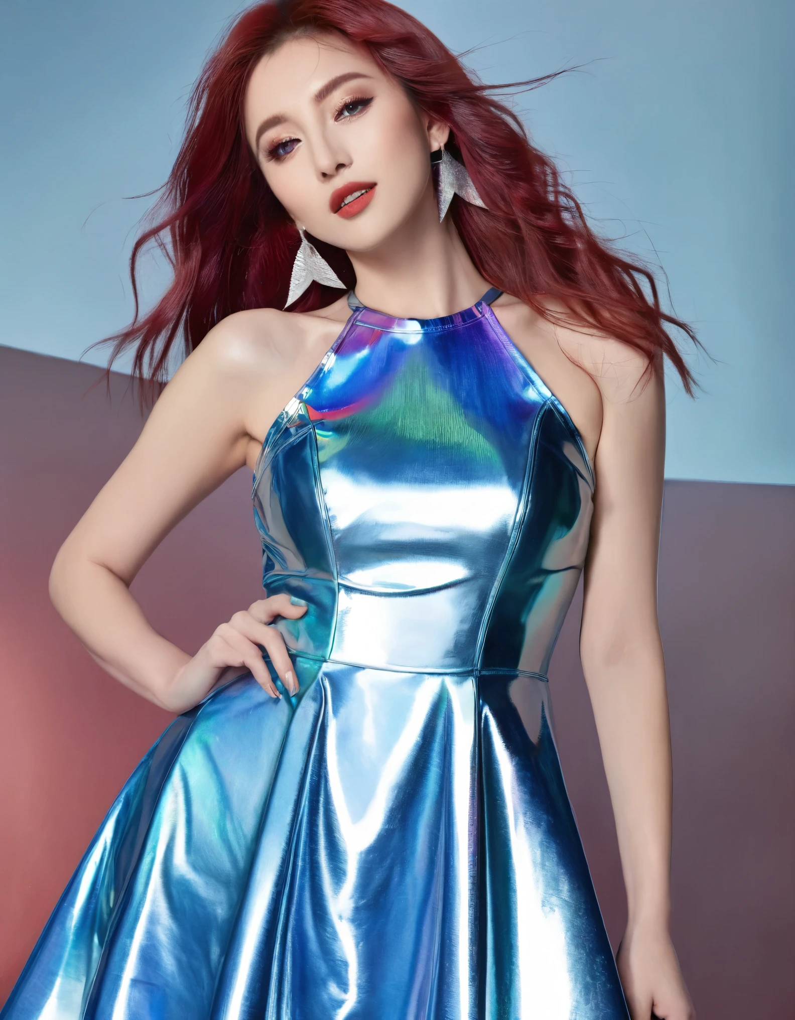 (masterpiece:1.3), (extremely intricate:1.2), (extremely delicate), (Hyper realistic photo:1.3), (modelshoot style), extremely detailed, 16k wallpaper, UHD, HDR, RAW photo, dslr, puffy lips, long diamond earrings, (Japanese beauty Japanese mixed:1.2), (realistic skin:1.4), (sweaty:1.1), thick thighs:1.1, narrow :1.1), (Crimson Red hair, voluminous 80 big hair:1.3), emerald green eyes, red eyeshadow, red lips, large breast, mouth open, eyes_smile, (holographic iridescent metallic short blue latex dress:1.6), (sunlight_on_front_face:1.3), makeup, ultra detailed irises, perfect eyes, perfect face, detailed face, (A picture of a woman and hotel:1.5), (distant full body:1.5)