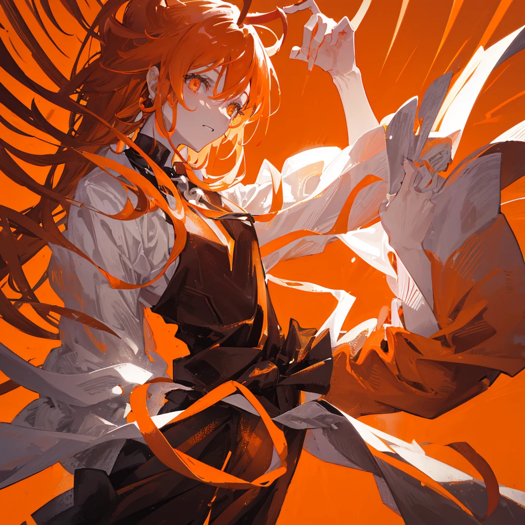 A human devil，male，orange hues，flame，((Solid orange background))