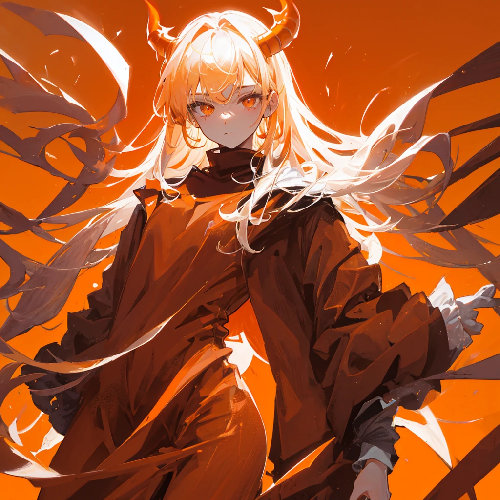 A human devil，male，orange hues，flame，((Solid orange background))