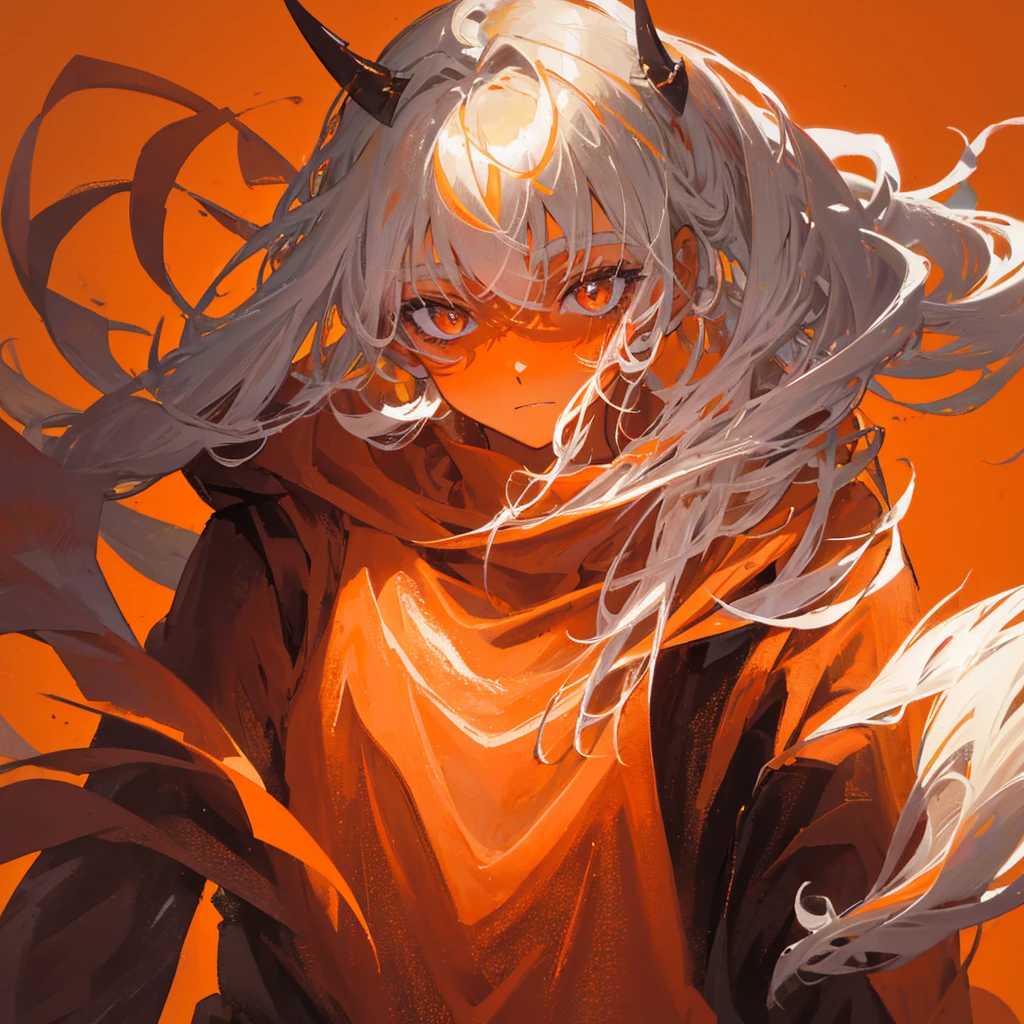 A human devil,male,orange hues,flame,((Solid orange background))