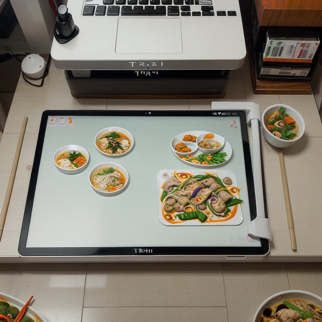 Common Computer mouse.(screen with thai food graphic:1.5).made by white plastic.