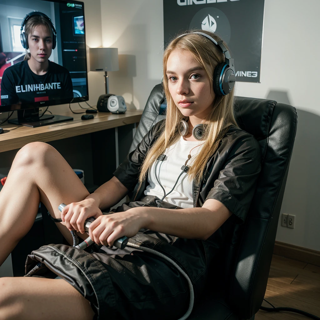 young blonde of 22 years, sitting in a gaming chair, gaming headphones with microphone, hyperrealistic, selfie
