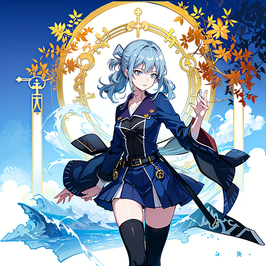 1girl, solo, outdoors, long hair, holy place, Original,(Illustration:1.1),(Best Quality),(masutepiece:1.1),(the Extremely Detailed CG Unity 8K Wallpapers:1.1), (Colorful:0.9),(mid-shot:0.95),(extremely detailed beautiful face),(Solo:1.2), (girl),(((Lori))), (Detailed beautiful eyes:1.15), (Beautiful face:1.15), (Glowing blue eyes:1.25////),(((sky blue Long Hair))),(two side up),(+perfect hand+:1.21),(Draw illustration of Japan priestess costume),(slender),(White pleated skirt),(Gothic),((black thighhighs)),(frilld),(Beautiful Slender Lolita Girl),hallowween,standing, girl,10 years old, girl,foggy place,vampire,sky blue hair,full body,whole body,((cathedral background)),(holy cathedral),