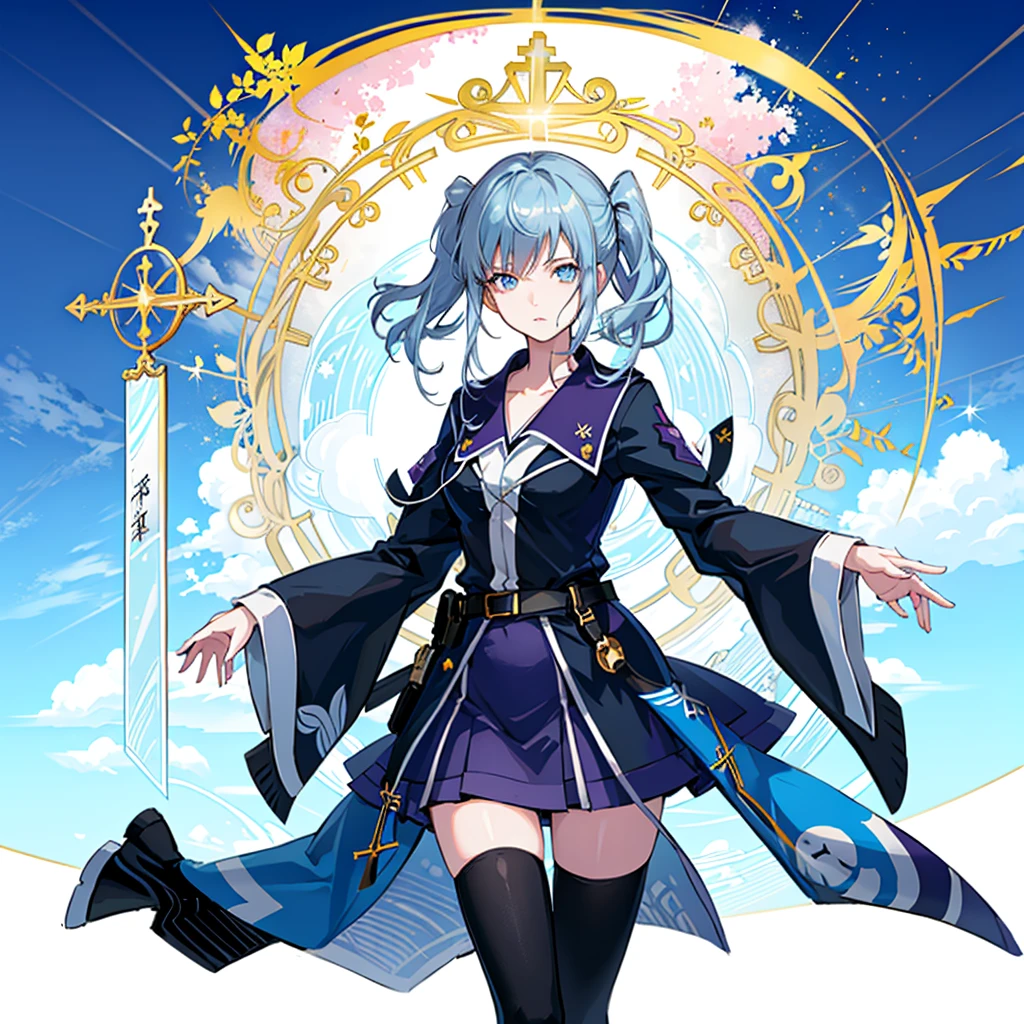 1girl,  solo, outdoors, long hair, holy place, Original,(Illustration:1.1),(Best Quality),(masutepiece:1.1),(the Extremely Detailed CG Unity 8K Wallpapers:1.1), (Colorful:0.9),(mid-shot:0.95),(extremely detailed beautiful face),(Solo:1.2), (girl),(((Lori))), (Detailed beautiful eyes:1.15), (Beautiful face:1.15), (Glowing blue eyes:1.25////),(((sky blue Long Hair))),(two side up),(+perfect hand+:1.21),(Draw illustration of Japan priestess costume),(slender),(White pleated skirt),(Gothic),((black thighhighs)),(frilld),(Beautiful Slender Lolita Girl),hallowween,standing, girl,10 years old,  girl,foggy place,vampire,sky blue hair,full body,whole body,((cathedral background)),(holy cathedral),