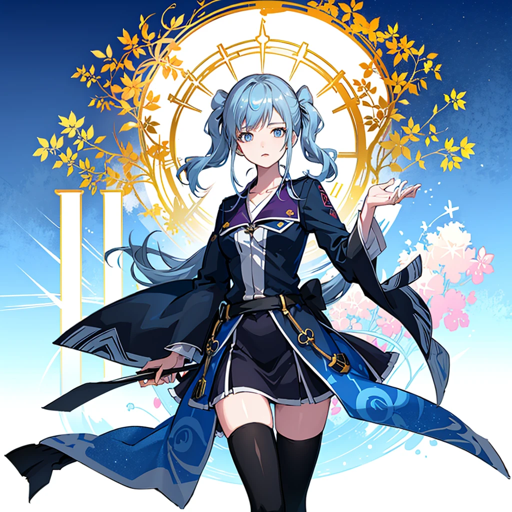 1girl, solo, outdoors, long hair, holy place, Original,(Illustration:1.1),(Best Quality),(masutepiece:1.1),(the Extremely Detailed CG Unity 8K Wallpapers:1.1), (Colorful:0.9),(mid-shot:0.95),(extremely detailed beautiful face),(Solo:1.2), (girl),(((Lori))), (Detailed beautiful eyes:1.15), (Beautiful face:1.15), (Glowing blue eyes:1.25////),(((sky blue Long Hair))),(two side up),(+perfect hand+:1.21),(Draw illustration of Japan priestess costume),(slender),(White pleated skirt),(Gothic),((black thighhighs)),(frilld),(Beautiful Slender Lolita Girl),hallowween,standing, girl,10 years old, girl,foggy place,vampire,sky blue hair,full body,whole body,((cathedral background)),(holy cathedral),