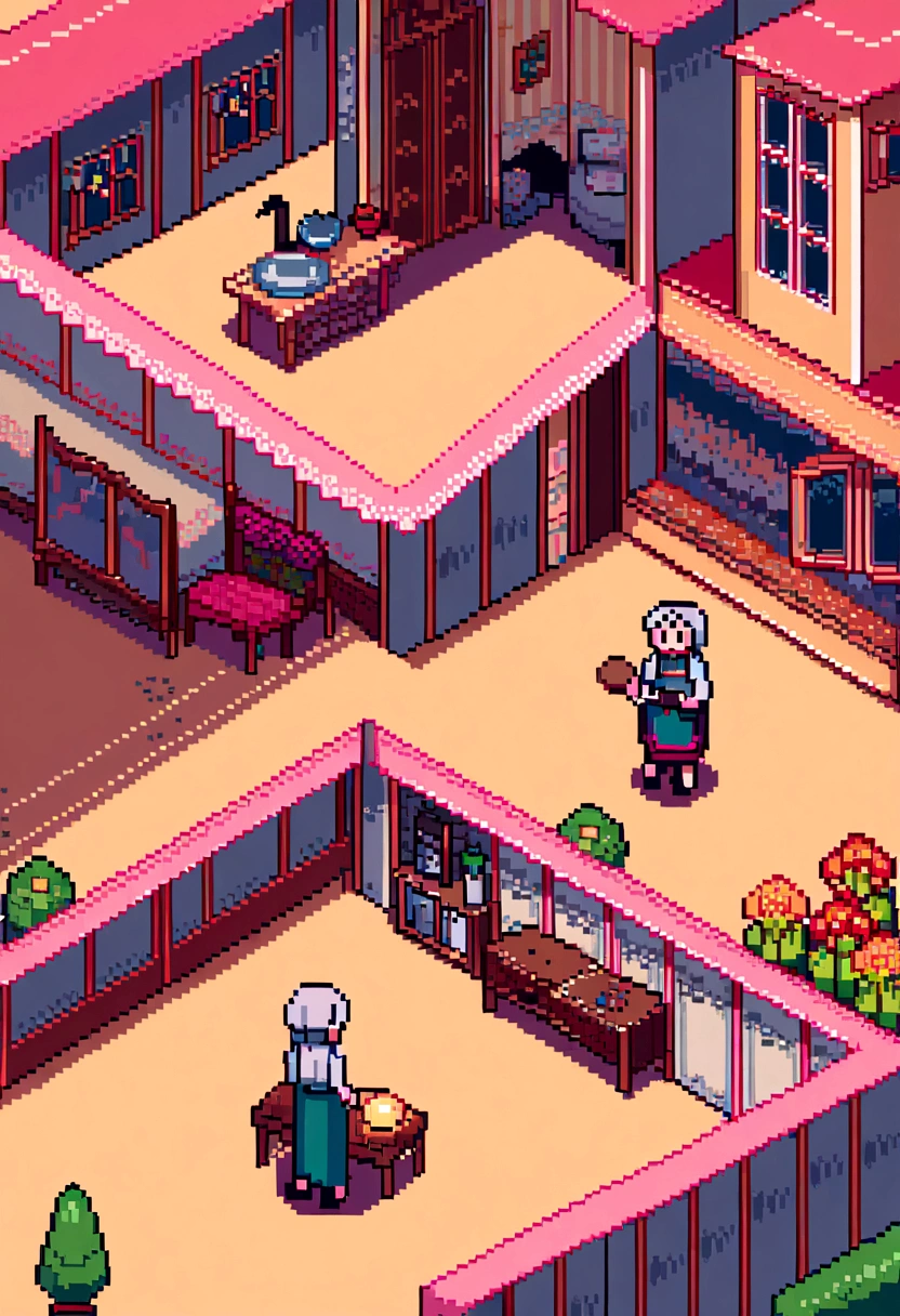 (Best Quality,high resolution), pixel art, vibrant colors, nostalgic atmosphere, Immersive gameplay, 16-bit graphics, pixel perfect controls, humble town, elderly woman cooking with her teenage daughter
