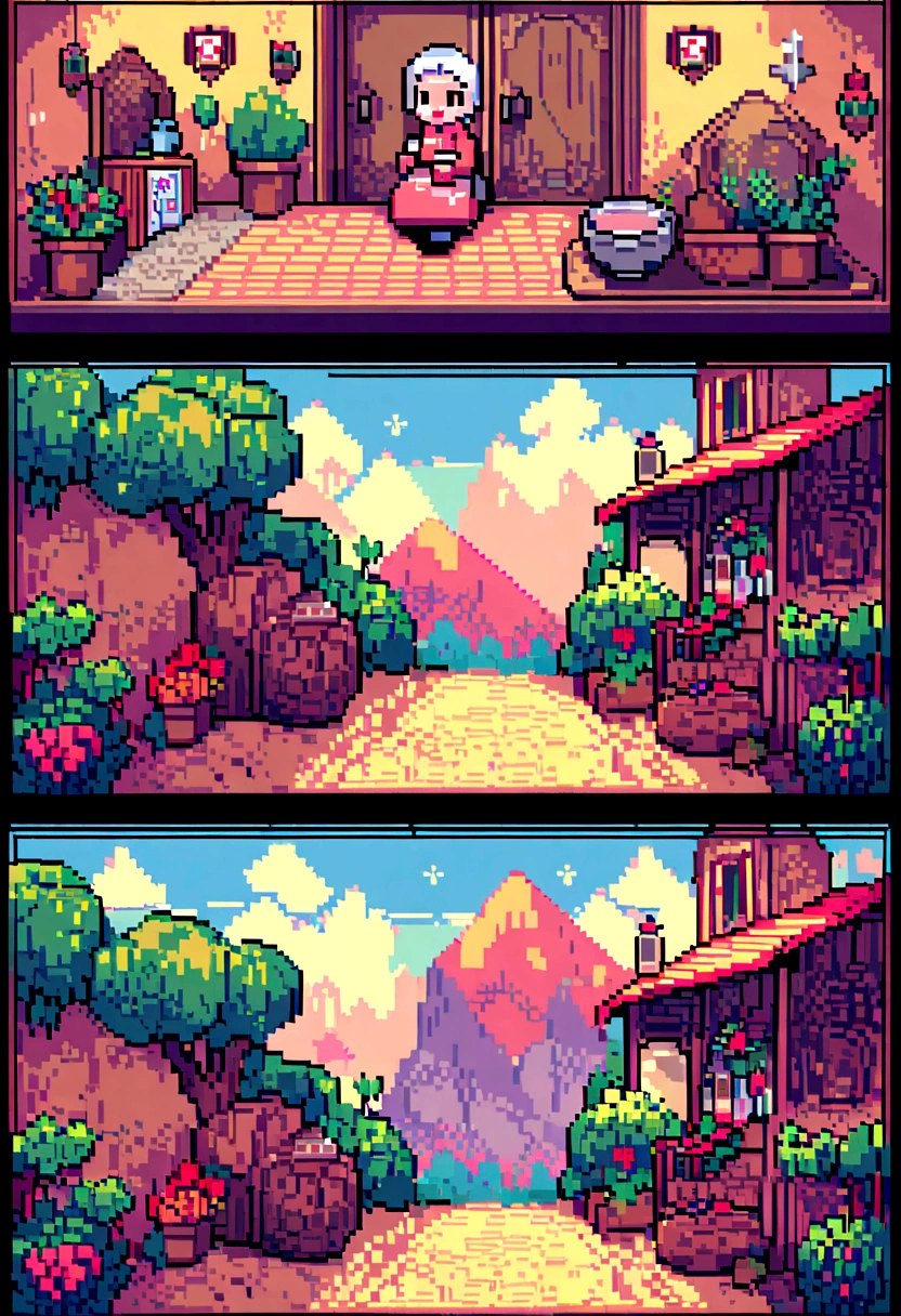 (Best Quality,high resolution), pixel art, vibrant colors, nostalgic atmosphere, Immersive gameplay, 16-bit graphics, pixel perfect controls, humble town, elderly woman cooking with her teenage daughter