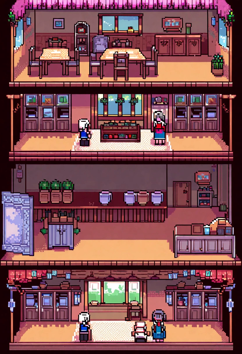 (Best Quality,high resolution), pixel art, vibrant colors, nostalgic atmosphere, Immersive gameplay, 16-bit graphics, pixel perfect controls, humble town, elderly woman cooking with her teenage daughter