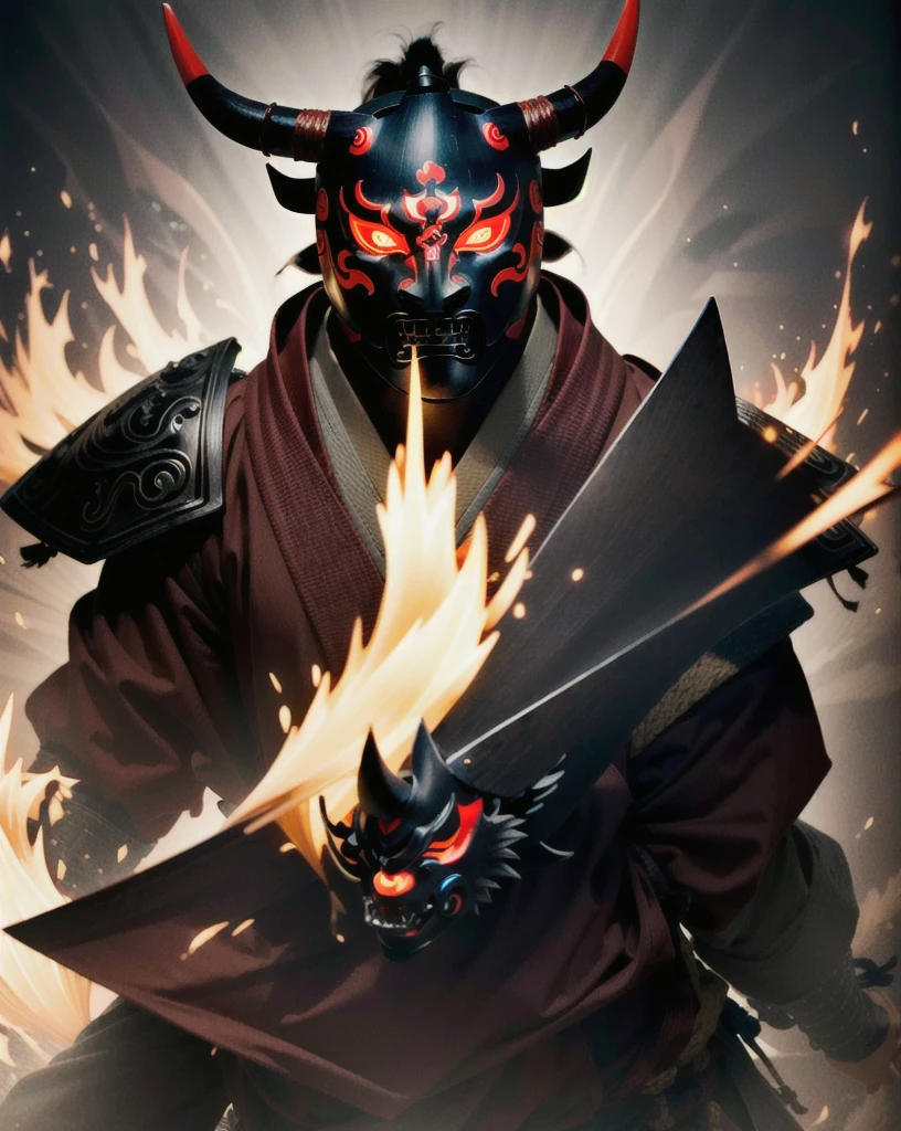 (oni mask:1.3), 
best quality,masterpiece,highly detailed,ultra-detailed, 1man samurai Black and red battle japanese armor, glowing red eyes, floting hair in air,
  