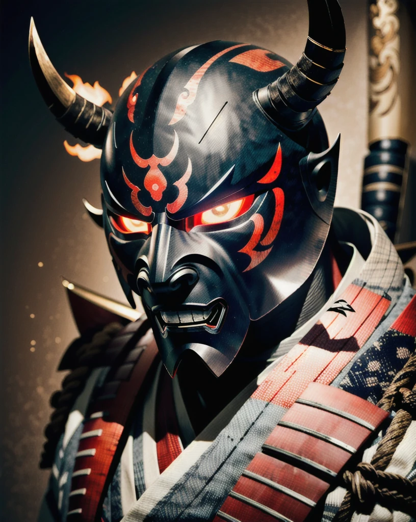 (oni mask:1.3), 
best quality,masterpiece,highly detailed,ultra-detailed, 1man samurai Black and red battle japanese armor, glowing red eyes, floting hair in air,
  