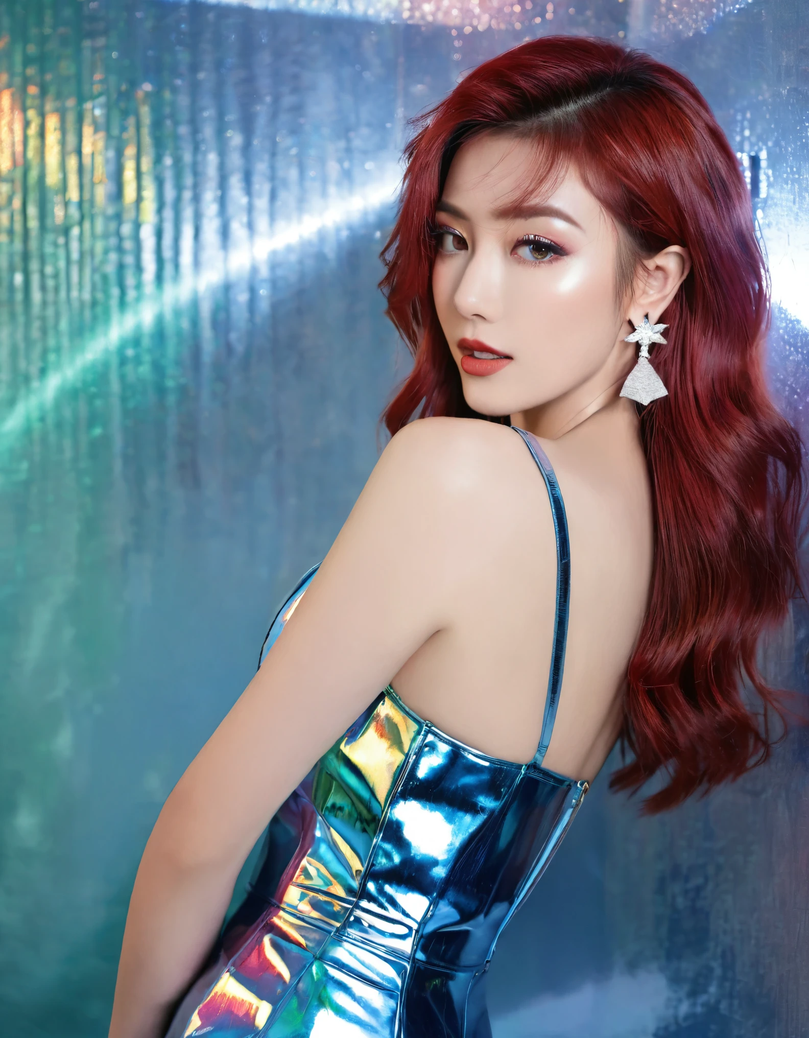 (masterpiece:1.3), (extremely intricate:1.2), (extremely delicate), (Hyper realistic photo:1.3), (modelshoot style), extremely detailed, 16k wallpaper, UHD, HDR, RAW photo, dslr, puffy lips, long diamond earrings, (Japanese beauty Japanese mixed:1.2), (realistic skin:1.4), (sweaty:1.1), thick thighs:1.1, narrow :1.1), (Crimson Red hair, voluminous 80 big hair:1.3), emerald green eyes, red eyeshadow, red lips, large breast, mouth open, eyes_smile, (holographic iridescent metallic short blue latex dress:1.6), (sunlight_on_front_face:1.3), makeup, ultra detailed irises, perfect eyes, perfect face, detailed face, (A picture of a woman and hotel:1.5), (distant full body:1.5)