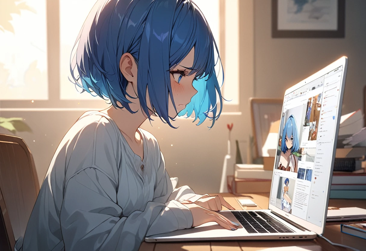 (Highest qualityのイラスト:1.2), (pretty girl:1.1), (1 girl、17 years old)、Bright blue hair、Short Bob Hair、Medium chest、Troubled face、masterpieceサイドライト、masterpiece、Highest quality、detailed、High resolution illustrations),　I use a MacBook