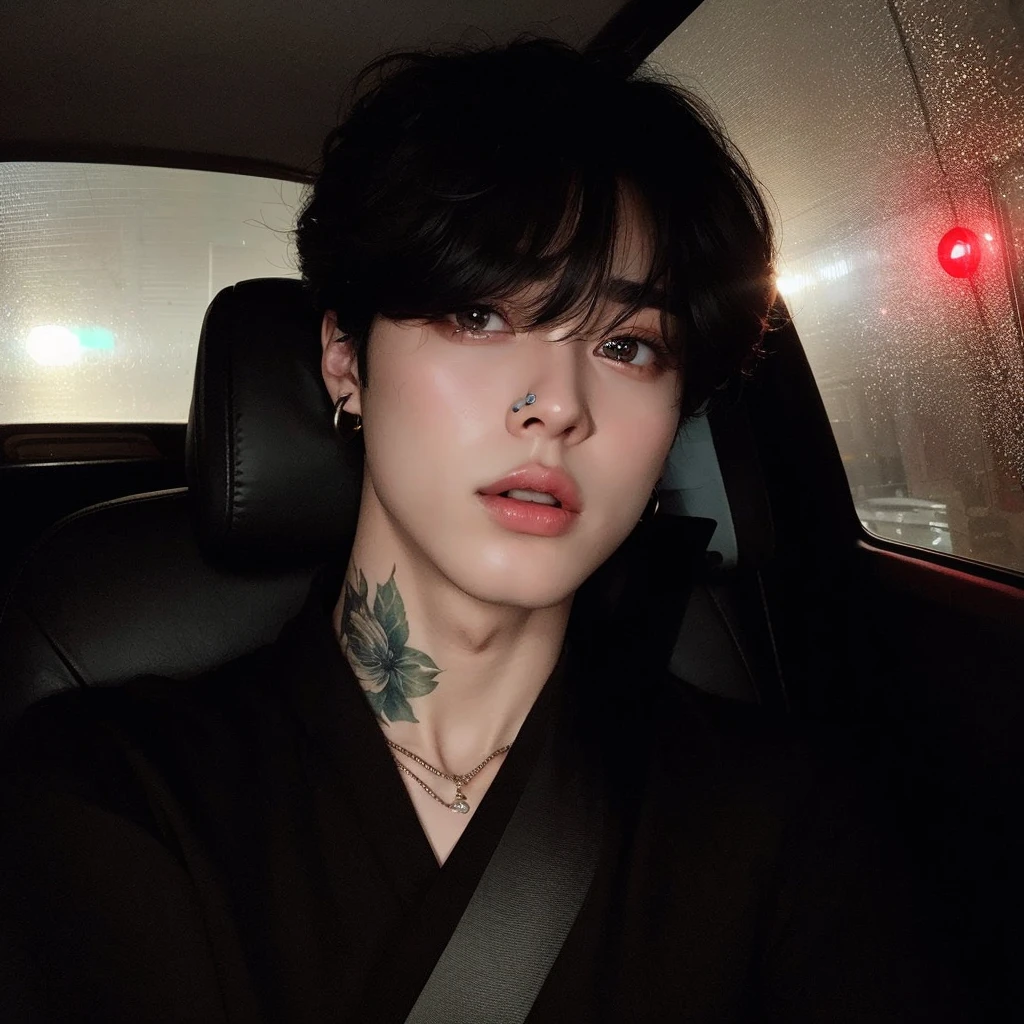 Best quality, masterpiece, ultra high res, (photorealistic:1.4), raw photo, 1boy, jewelry, (black hair:1.2), looking at viewer, cafe,realistic, closeup, sunlight, light from front, open mouth, BREAK, male look, yeonjun from txt