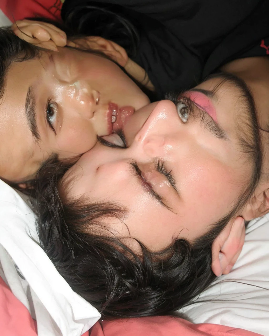 Asian girl leaving kisses on her boyfriend  
