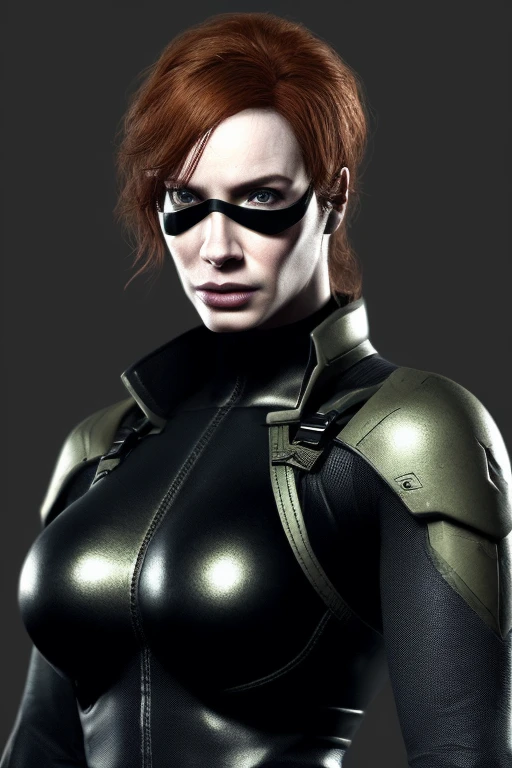 Christina Hendricks as an Metal Gear Solid Character, alluring 48 year old woman, High-quality facial research of Christina Hendricks, (Christina's sculpted cheekbones and slight wrinkles around the face), High-quality detailed research of Christina Hendricks voluptuous figure, large breasts, buxom chested. Fingerless Gloves, skin-tight black leather suit, night goggles, metal armlets, utility belt, gun holsters, boots. Whole body, Casual pose, Beautiful pose, (Extremely detailed CG 8k wallpaper), (Extremely delicate and beautiful), (Masterpiece), (Best quality: 1.0), (Ultra-high resolution: 1.0), Beautiful lighting, Perfect lighting, Realistic shadows, [high resolution], Detailed skin, Super detailed (((Colorful))), Digital art, metal gear solid concept art, full body concept art, Expert concept art with high detail, concept-art, stealth game concept art, concept-art, Yoji Shinkawa style, Video game concept art, 4K, full body portrait

