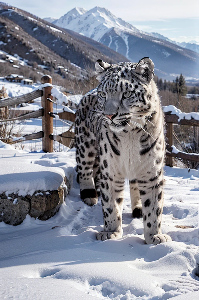 snow leopard zoomed out on a snowy mountain