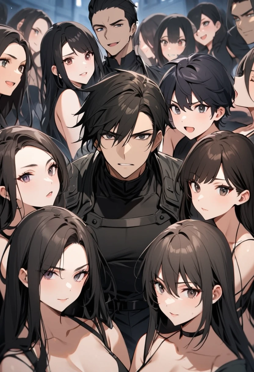 young man with black hair and dark eyes mercenary surrounded by beautiful women