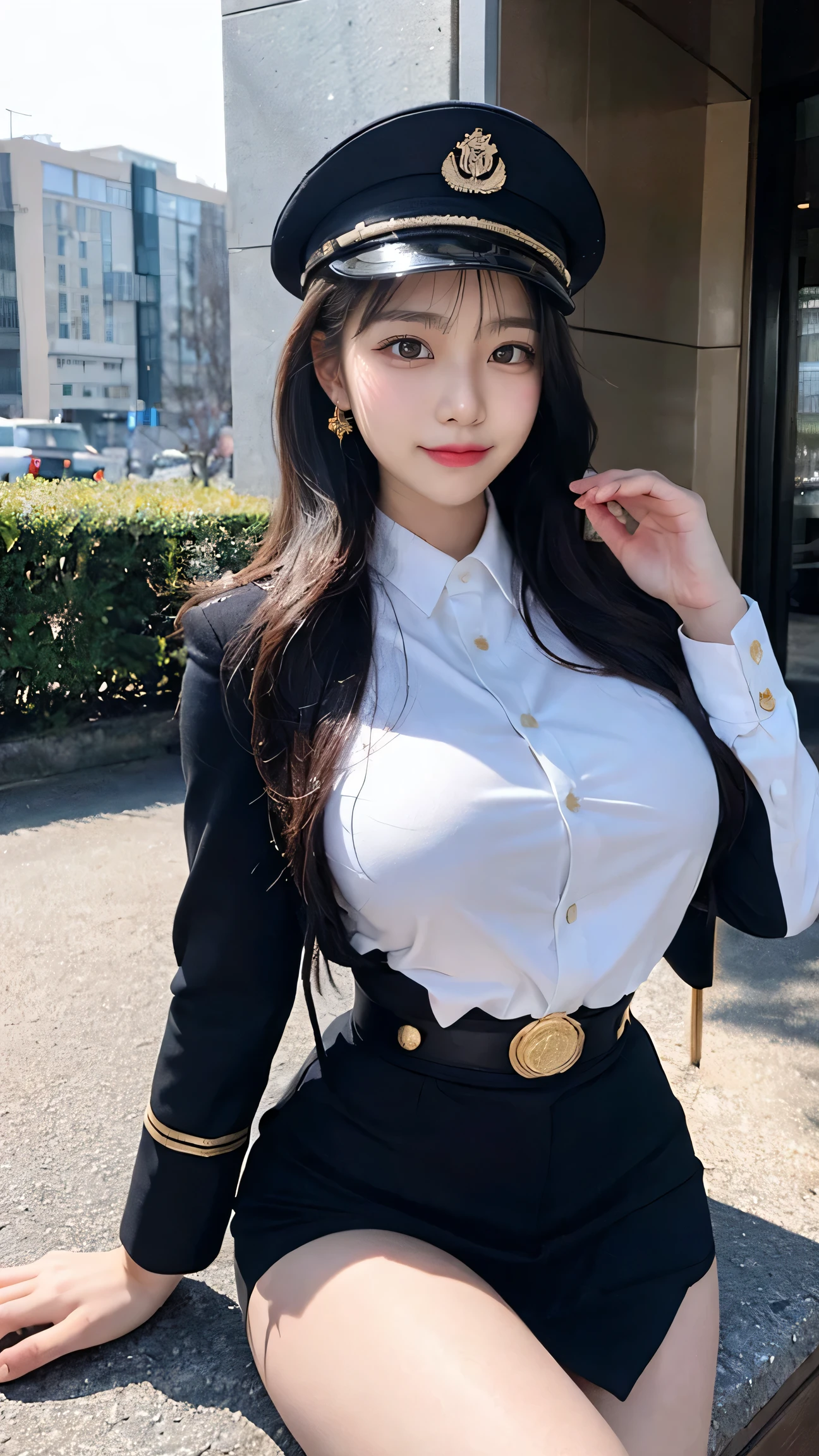 最high quality, masterpiece, 32k、Very detailed、Realistic、1 girl, Japanese women、Black and gold military uniformのコスチューム、High-grade, futuristic, sexy costume, Black and gold military uniform、US Army military uniform hat、Attractive K-pop idol-like outfits、Black and gold military uniform、class seal、Wears a black and gold military uniform hat(military officer uniform hat), Cute face, (photo Actual:1.3),Edge lighting, (Skin with attention to detail:1.2), 8K超High resolution, Single-lens reflex camera, high quality, High resolution, 4K, 8K, Optimal ratio of four fingers to one thumb, (Actual:1.3), cute 1 girl, Realistic、Super Realistic、32k、Very detailed、masterpiece, 最high quality, beautiful girl, beauty、Gorgeous girl, Big Boobs、Big Breasts、Big Ass, Narrow waist, Leg spread, Plenty of facial detail, City of the Future, Super detailed, High resolution, masterpiece, high quality, High resolution,