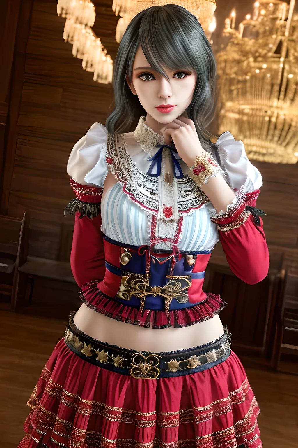 1girl,Wearing a traditional-style outfit. Her white blouse has ruffle details and embroidery, with red and white striped patterns on the sleeves and ribbon accents on the upper arms. The skirt is red with pleats and lace trims. There is a brown belt around the waist with floral embellishments and tassels, adding to the folkloric feel of the overall look. The outfit looks inspired by historical or folk costumes, with its intricate details and color combination,, beautiful detailed eyes, beautiful detailed lips, extremely detailed eyes and face, long eyelashes, best quality, 4k, 8k, highres, masterpiece, ultra-detailed, realistic, photorealistic, photo-realistic, ethereal glow, regal elegance, intricate details, luxurious, otherworldly beauty, dark atmospheric background, supernatural aura,tamaki