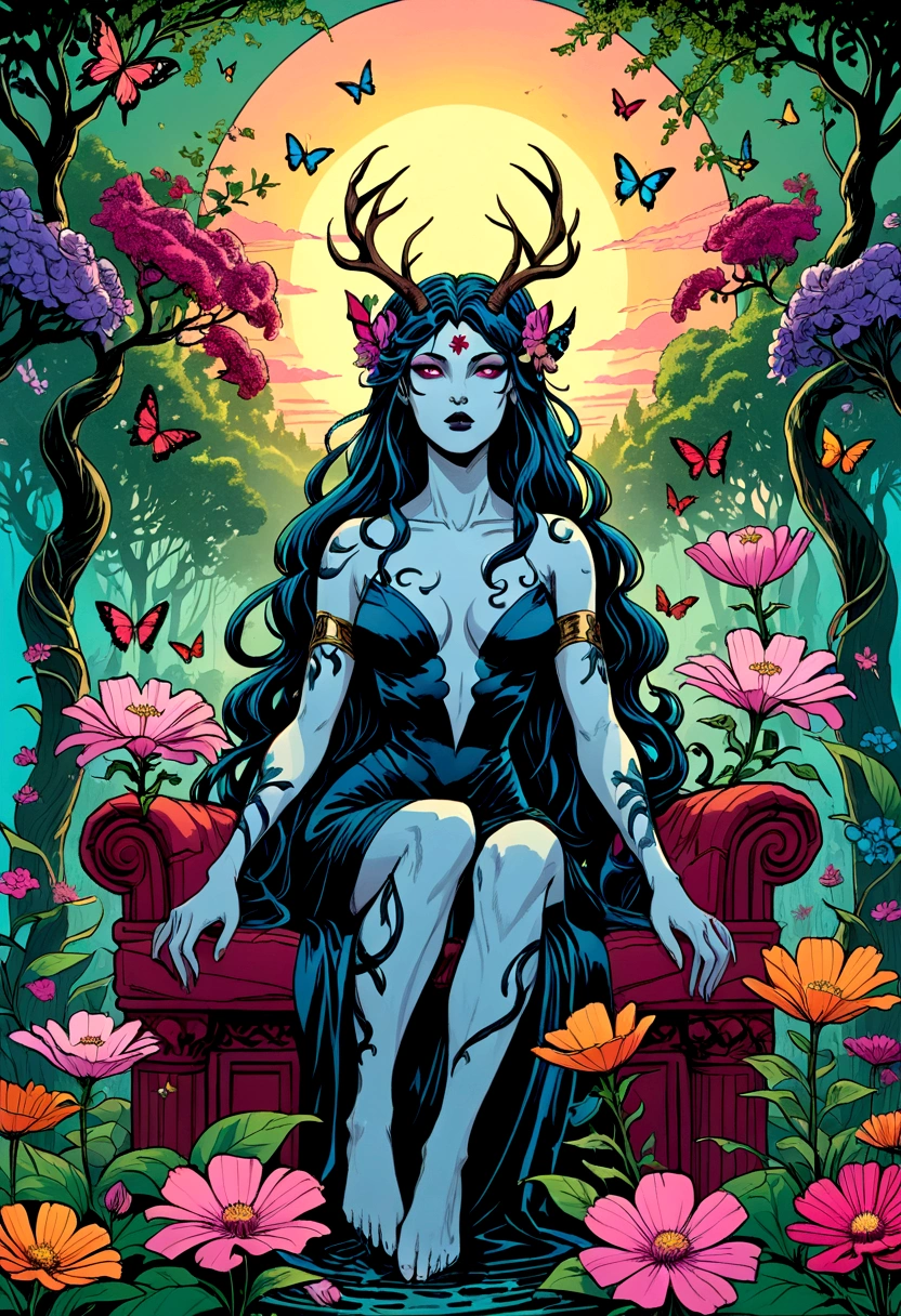 illustrate, splash page comic, 90's action cinematic, throne of power, maximal power, flourishing flowers in bloom throne, throne made of flowers and vines, rewilding, entropy, Flower feminine wendigo, wendigo features, resembles wendigo, wendigo facial features, flower horns, floating meditating seated on throne, flower hand drawn color, ink the style of sean gordon murphy and joelle jones, comic drawing, rare flowers, delicate petals, highly detailed flowers, garden, highly detailed trees and face, flower costume, detailed line art. color palette, evening dusk sunset, foreground butterflies and hummingbirds, colorful flower garden, dream garden, gardens under which rivers flow, beautiful gardens of everlasting bliss, vibrant botanical, tranquility 
