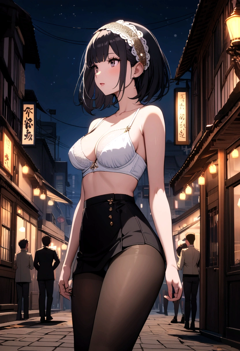 Anime girl long black hair, blue eyes, opening a door in lingerie. With big breasts and slim with hips and ass. Wearing a short skirt and a top walking through the city streets at night. Dining in a restaurant
