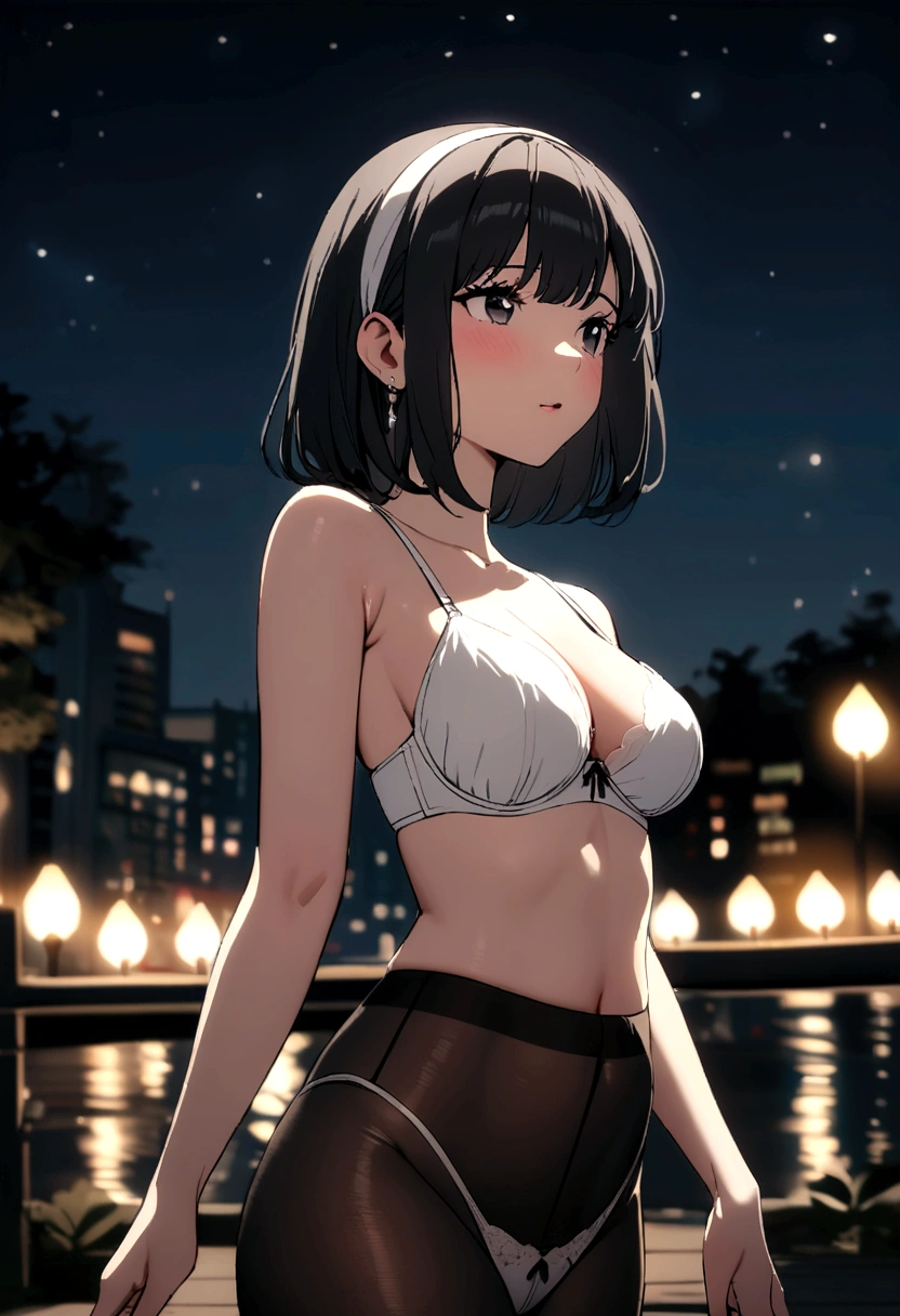 Black Hair Shortcuts hair band White bra White panties under black pantyhose Beautiful breasts Outdoors at night