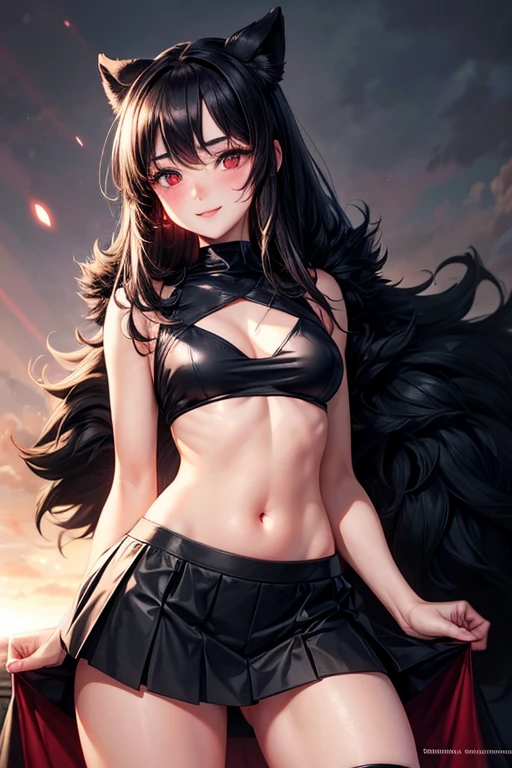 1 girl, Chapped lips, blush, make up, light smile, black fur, Red eyes, crop top, Skirt, Light rays, glow, Thighs, clavicle, narrow waist, (Masterpiece), wallpaper,