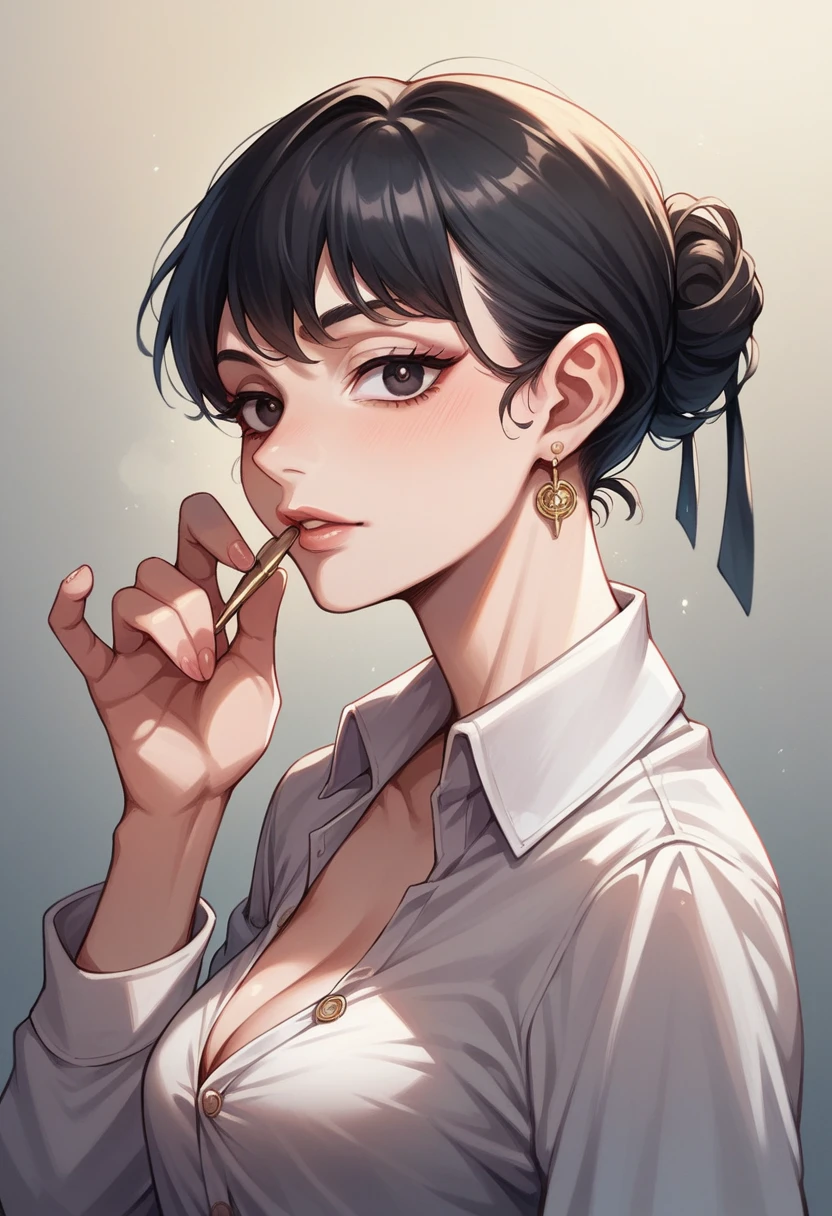 Animated realistic digital illustration of girl with black hair and hypnotizing dark eyes, loose straight hair and a beautiful back., mafia and businesswoman