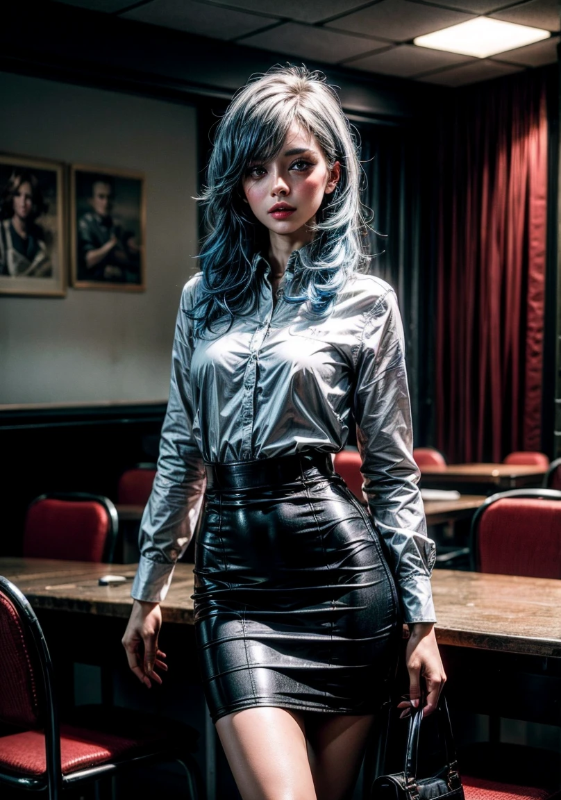 Masterpiece, high detail, The sexiest airline stewardess in the world., legs, (UHD, 8K Wallpaper, high resolution), cinematic lighting, physically based rendering, awarded, extremely detailed skin, Extra detailed face, ojos de high detail, sparkling eyes, blush, shy, blue lips, blue hair, blue skirt, white panties, Carl Zeiss 85 mm F/1.4, by Ellen von Unwerth